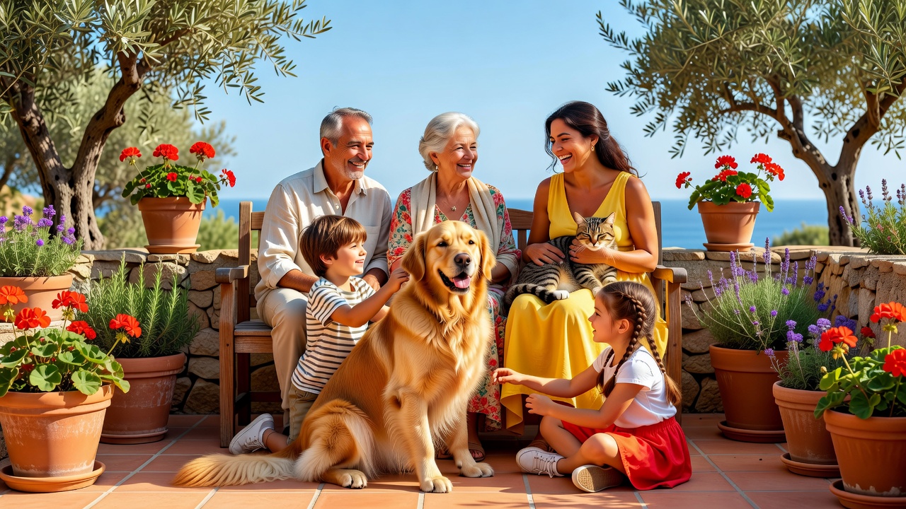 Familia feliz disfrutando al aire libre con sus mascotas en la costa de España